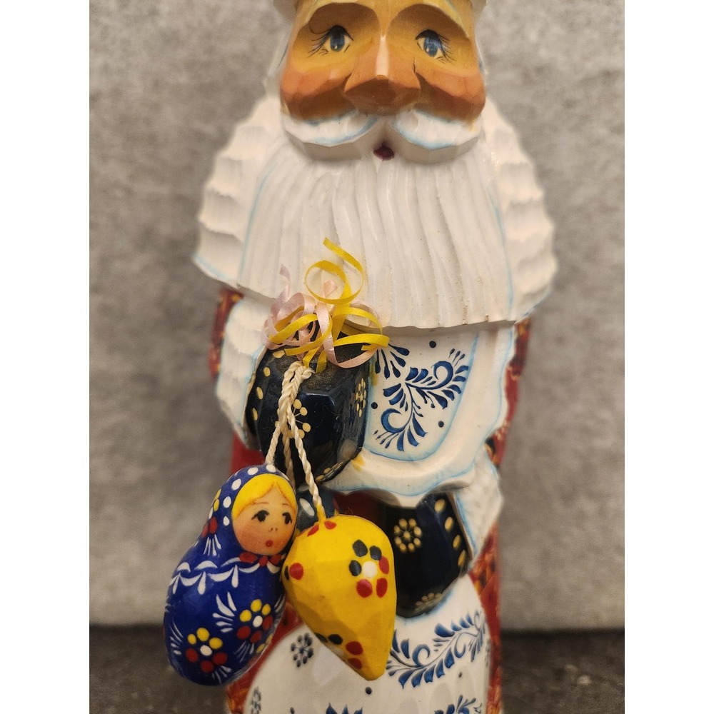 Russian Hand Carved Wood Santa Figurine Gzhel Khokhloma Sergiev Posad Christmas - Picture 3 of 16